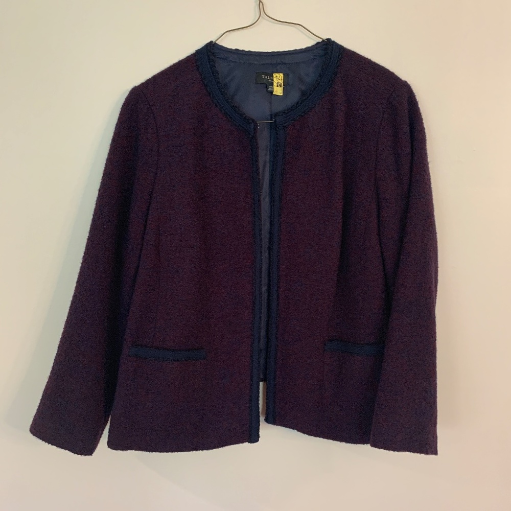 Talbots Wool Blend Tweed Jacket Blazer Braided Trim Navy Blue Red - Size 20W